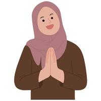 Vektor Hijab Frau Moslem gestikulieren Es tut uns leid Ramadan höflich eid fitr Illustration