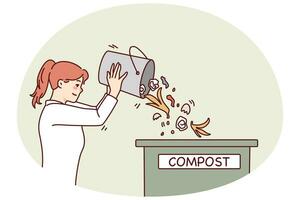 kvinna kasta avfall i kompost behållare. omtänksam ung kvinna återvinna organisk skräp sortera sopor. ekologi bevarande. vektor illustration.