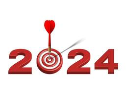 röd pil träffa till Centrum av dartboard mellan siffra. ny år 3d mål och mål med symbol av 2024. företag Framgång, investering mål, finansiell strategi, ändamål prestation vektor begrepp.