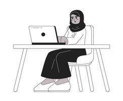 Muslim Frau Arbeiten von Zuhause schwarz und Weiß Karikatur eben Illustration. Arbeitsplatz weiblich Hijab Mitarbeiter linear 2d Charakter isoliert. Telearbeit Erwachsene Kopftuch monochromatisch Szene Vektor Bild