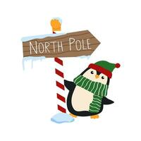 süß Weihnachten Pinguin halten Norden Pole unterzeichnen. Karikatur Tier tragen ein Winter Hut und ein gestreift Schal. vektor