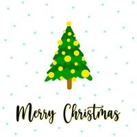jul gran hälsning kort med glad jul text. hand dragen grön jul gran och gul kransar på hälsning kort. klotter jul gran med snöfall hälsning kort flygblad vektor