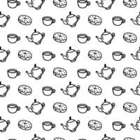 Vektor Hand gezeichnet nahtlos Muster mit Tasse, Teekanne, Krapfen Symbole auf Weiß Hintergrund. Gekritzel Kaffee Topf, Becher, Krapfen wickeln im Linie Kunst Stil zum ein Cafe Dekor. Erwachsene und Kinder Färbung Seite