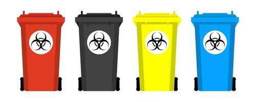 einstellen medizinisch Abfall Behälter. kontaminiert Abfall unterzeichnen. Biogefährdung Müll Müll Behälter vektor
