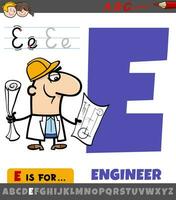 Brief e von Alphabet mit Karikatur Ingenieur Charakter vektor