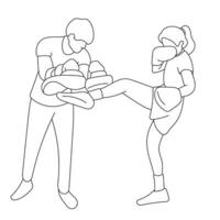 kvinna boxning Träning övning med manlig tränare illustration vektor hand dragen isolerat på vit bakgrund