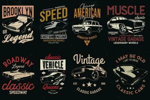 Jahrgang Auto T-Shirts Designs bündeln. amerikanisch alt klassisch Autos T-Shirt. vektor