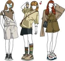3 japansk flickor i söt klädespersedlar vektor