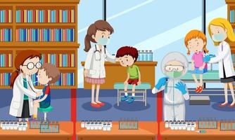 Szene mit vielen Kindern bekommt Covid-19-Impfstoff und viele Ärzte Cartoon-Figur vektor
