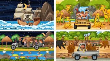 uppsättning olika scener med djur i djurparken och piratskeppet vid havet vektor