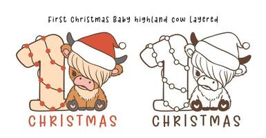först jul bebis ko högland tecknad serie skiktad hand teckning översikt vektor