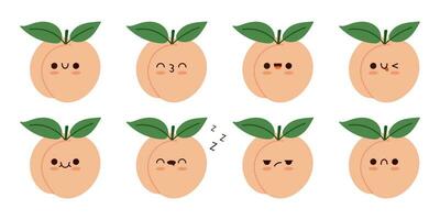 einstellen süß kawaii Pfirsich Obst Charakter mit ein komisch Emoji. Pfirsich Flaum Farbe Karikatur Vektor Illustration