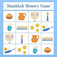 minnesspel med symboler för judisk semester hanukkah, dreidel, munkar, oljeburk, mynt, latkes. vektor illustration.