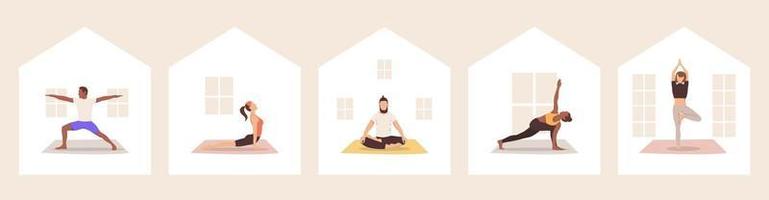uppsättning mångkulturella människor som utövar yoga hemma. vektor illustration