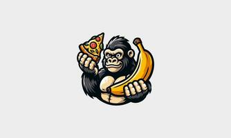 Gorilla halt Pizza und Banane Vektor Maskottchen eben Design