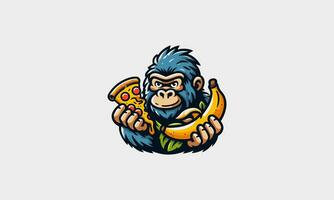 gorilla håll pizza och banan vektor maskot platt design