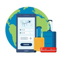 mobil app för uppköp biljett med smartphone. bokning flyg resa. planet jorden, luft biljetter och bagage. resa, resa, företag resa. vektor illustration.