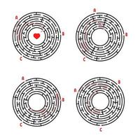 en uppsättning runda labyrinter. spel för barn. pussel för barn. labyrintkonst. platt vektorillustration isolerad på vit bakgrund. med svar. vektor