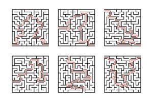 en uppsättning fyrkantiga labyrinter. spel för barn. pussel för barn. labyrintkonst. platt vektorillustration isolerad på vit bakgrund. med svar. vektor