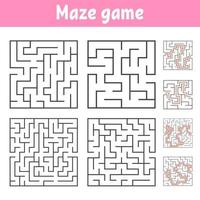 eine Reihe von quadratischen Labyrinthen mit verschiedenen Schwierigkeitsgraden. Puzzle für Kinder. ein Eingang, ein Ausgang. Labyrinth Rätsel. flache Vektorillustration lokalisiert auf weißem Hintergrund. mit Antwort. vektor