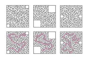 en uppsättning fyrkantiga labyrinter. spel för barn. pussel för barn. en ingång, en utgång. labyrintkonst. platt vektorillustration isolerad på vit bakgrund. med svar. med plats för din bild. vektor