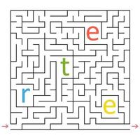 abstrakt fyrkantig labyrint. ett intressant och användbart spel för barn. samla alla bokstäver och bilda ordet. enkel platt vektor illustration isolerad på vit bakgrund.
