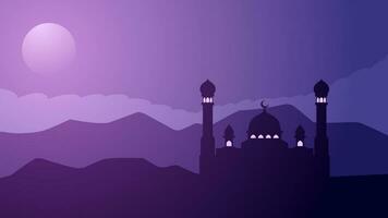 Ramadan Landschaft Silhouette im das Nacht Vektor Illustration. Ramadan Landschaft Design Grafik im Muslim Kultur und Islam Religion. Moschee Landschaft Illustration, Hintergrund oder Hintergrund