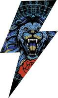 t-shirt design av de blixt symbol längs med ett bild av en rytande lejon. vektor illustration Bra för sporter.