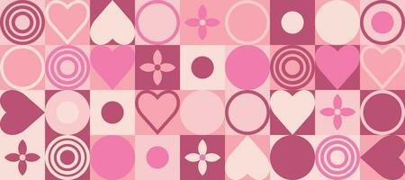 geometrisch Bauhaus Muster Hintergrund, Vektor abstrakt Hintergrund mit Herzen, Kreise, Blumen. Hochzeit, Valentinstag Tag. Rosa modisch Bauhaus Hintergrund.