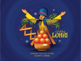 punjabi festival av lohri firande bål bakgrund med dekorerad trumma. vektor