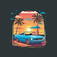 Illustration von Blau Auto im das Sonnenuntergang Schwingungen. perfekt zum T-Shirt, Logo, Aufkleber, und Andere. passen zu verwenden im Sommer- Jahreszeit. Automobil Vektor Illustration Kunst