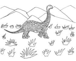 Färbung Seite mit Diplodocus und Berge Landschaft. süß Färbung Buch zum Kinder und Erwachsene. Fantastisch Ornamente. vektor