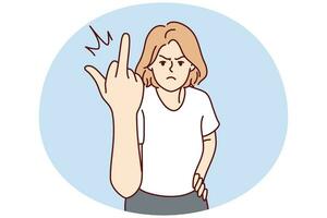 rasande ung kvinna visa knulla du gest. arg flicka demonstrera mitten finger. icke-verbalt kommunikation. vektor illustration.