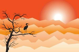 illustration se av de berg med silhuett träd och fågel på gren och Sol på orange himmel bakgrund. vektor