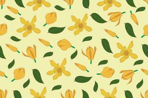 Illustration Muster von Gelb Champaka Blühen Blume mit Blätter auf Sanft Gelb Hintergrund. vektor