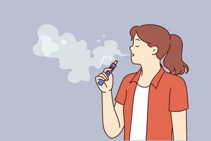 kvinna vaper innehar elektronisk cigarett för vaping och slag ånga från mun, njuter rökning. flicka användningar vape grej eller enhet med tobak uppvärmning systemet, för begrepp av missbruk till rökning vektor