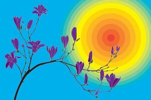 Illustration von Verbanica Untertasse Magnolie Blume sind Blühen auf Ast mit Kreis Gradient Gelb zu Blau Hintergrund. vektor