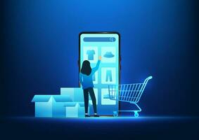 E-Commerce Industrie Frauen wählen Produkte auf ein Smartphone Verkauf Produkte online durch das Internet oder Anwendungen tut nicht benötigen ein Schaufenster, praktisch zum beide Käufer und Verkäufer vektor