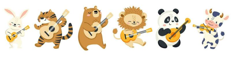 einstellen von Kinder Vektor Illustration. süß Kuh Panda Bär Hase Hase Löwe und Tiger spielen Gitarre. Tiere mit Musical Instrumente auf Weiß Hintergrund