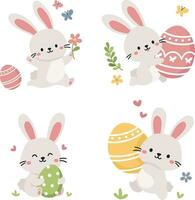 uppsättning av platt vektor illustrationer för påsk Semester. söt kaniner löpning med påsk ägg, gräs, fjärilar och blommor