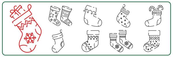 Gliederung von ein Weihnachten Socke Linie Symbol einstellen Vektor Illustration. glücklich Neu Jahr.