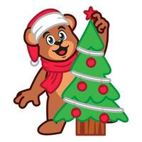 en söt teddy Björn bär en jul hatt och scarf med jul träd vektor