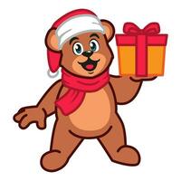 ein Teddy Bär tragen ein Santa claus Hut und Schal halten Geschenke vektor