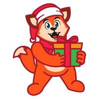 ein süß Fuchs im ein Santa Hut und Schal halten Weihnachten Geschenk vektor