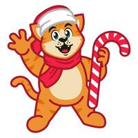 ein Katze tragen ein rot Schal und Weihnachten Hut mit Weihnachten Süßigkeiten Stock vektor