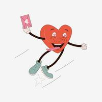 Lycklig häftig röd retro hjärta mottagen en alla hjärtans dag. hjärtans dag begrepp. 60s 70-talet, stil vektor