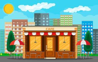 Cafe Geschäft Außen. Straße zurückhalten Gebäude. Stadtbild, Gebäude, Sonne, Wolken. Vektor Illustration im eben Stil