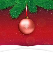 jul kort med röd boll i Centrum, snö kullar och päls grenar på röd bakgrund, vektor illustration, mall för hälsning kort.