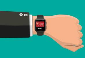 Clever Uhr kontaktlos Zahlungen. Smartwatch auf Hand. kabellos, kontaktlos oder bargeldlos Zahlungen, rfid NFC. Vektor Illustration im eben Stil