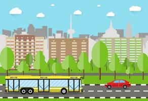 modern stad se. stadsbild med kontor och bosatt byggnader, träd, väg med buss och bil, blå bakgrund med moln. vektor illustration i platt stil